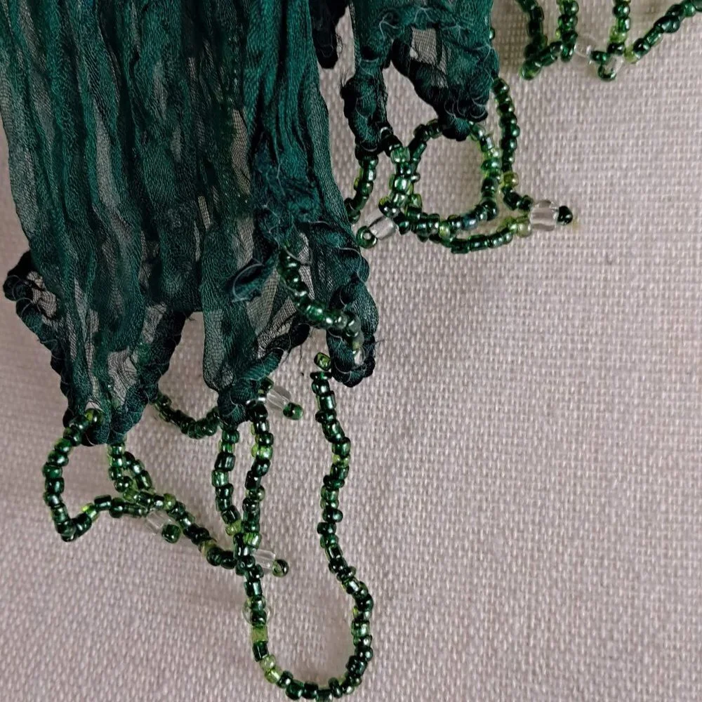 Indian Multi Color Silk Scarf Scrunched Texture Beaded Ends NWOT